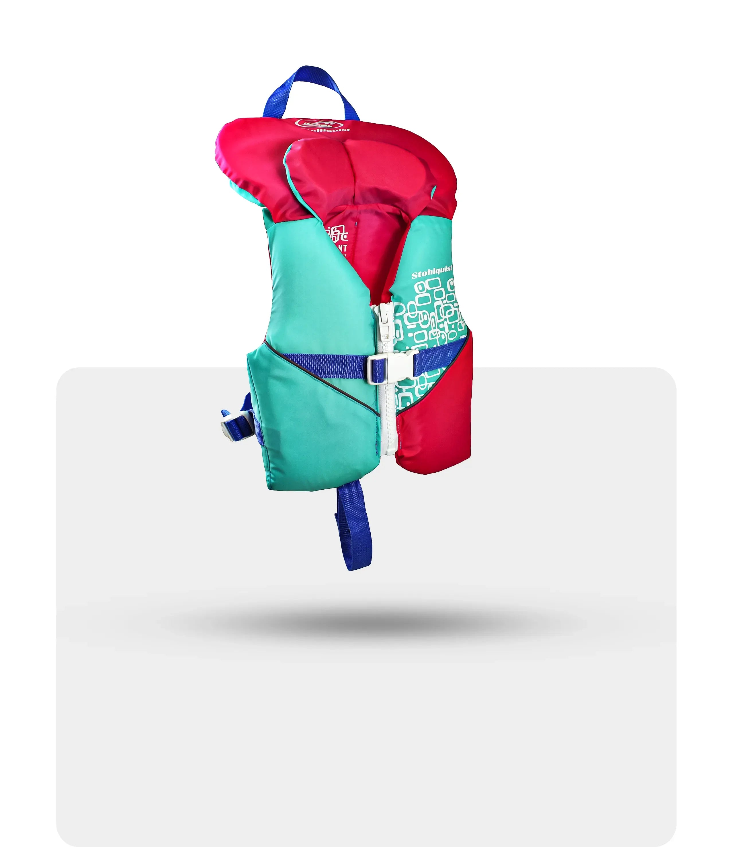 Aquapink infant life jacket with red and aqua panels, blue straps, and white buckle