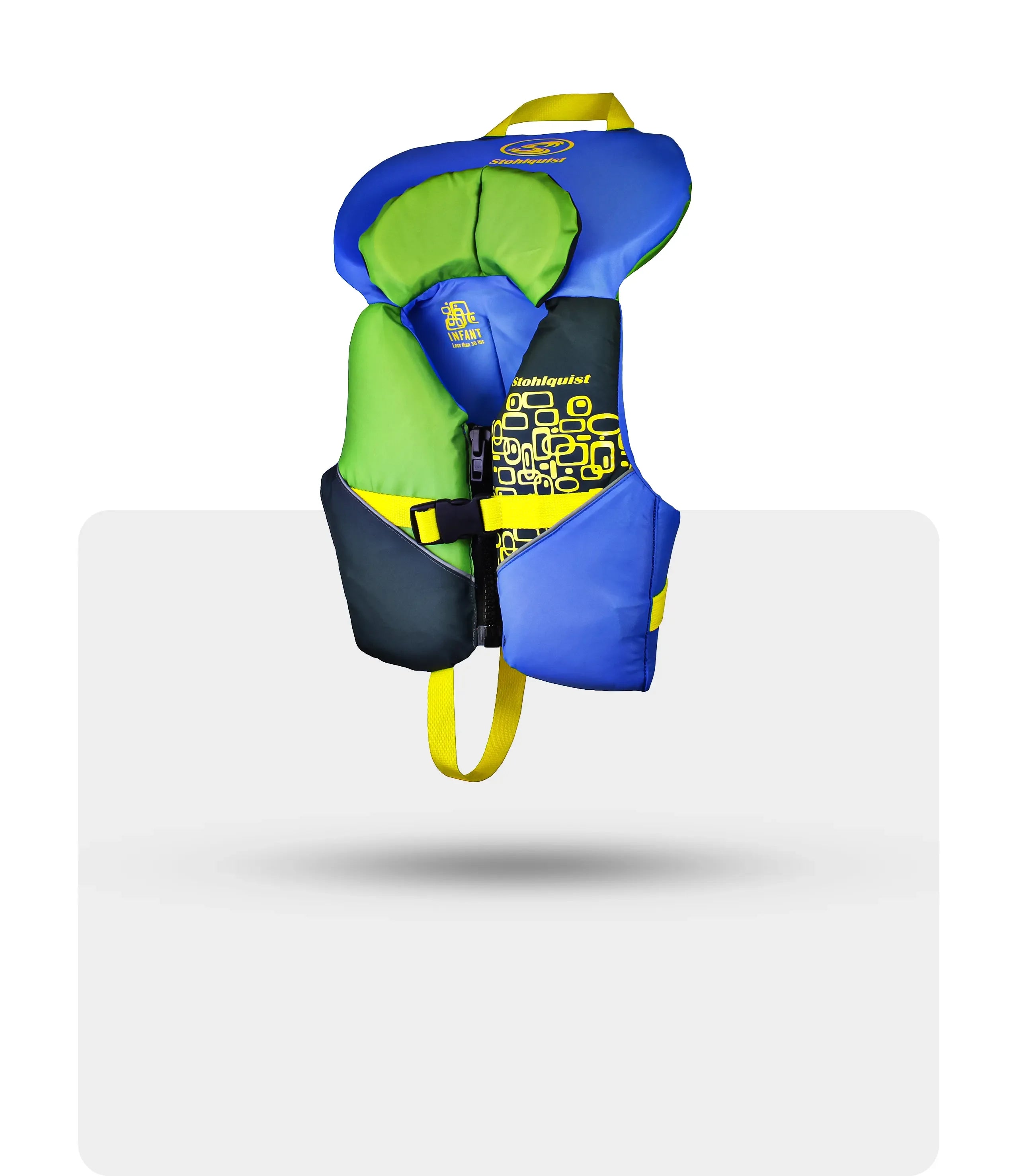 Infant blue and green Stohlquist life jacket with yellow straps and black zipper on white background