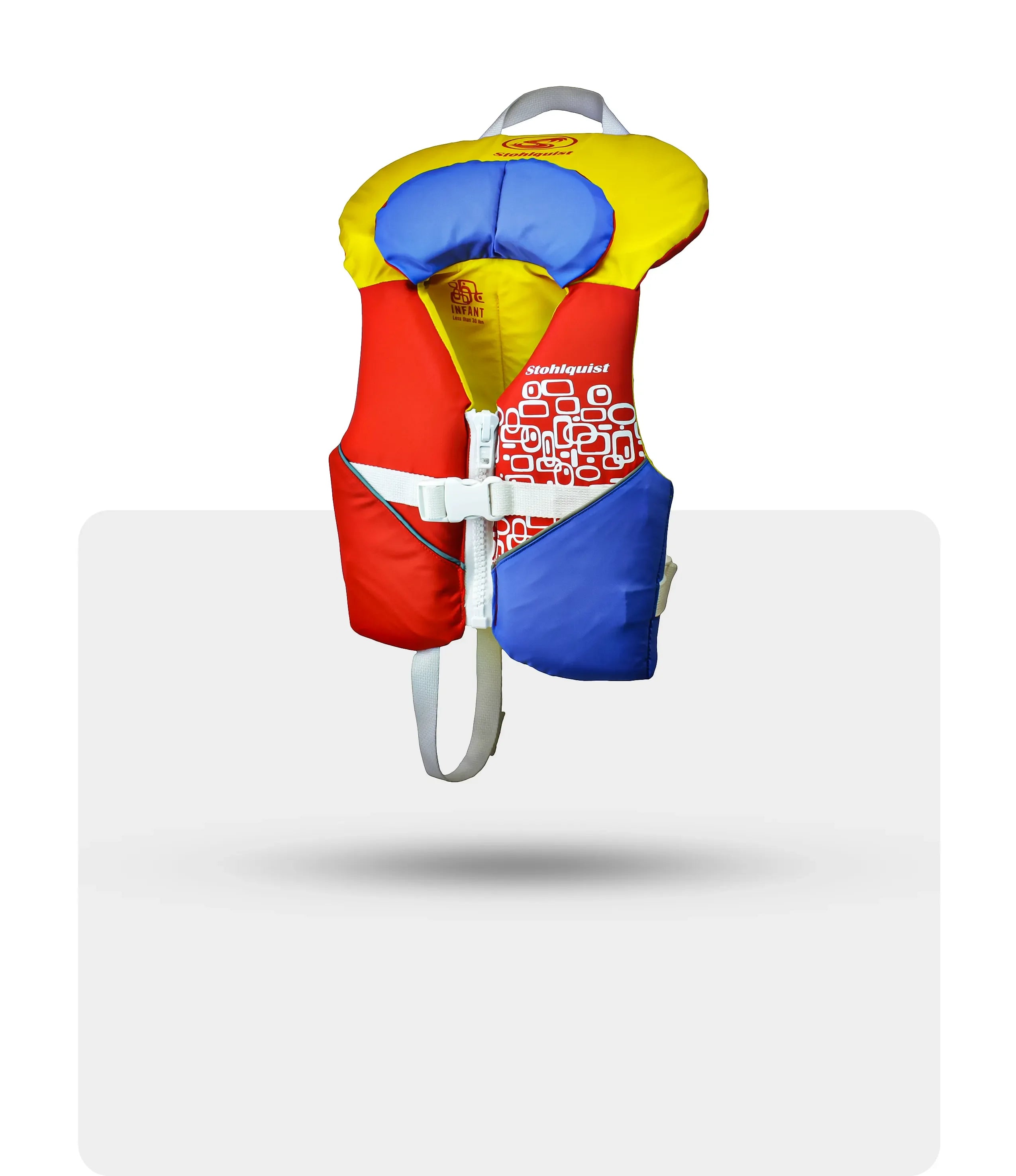 Colorful infant life jacket with yellow, red, and blue panels and white safety strap