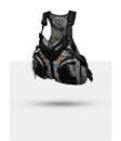 Stohlquist gray kayaking life jacket with zippered pockets and mesh back, floating on white background