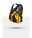 Stohlquist yellow kayak life jacket with black mesh and zip pockets, side product view