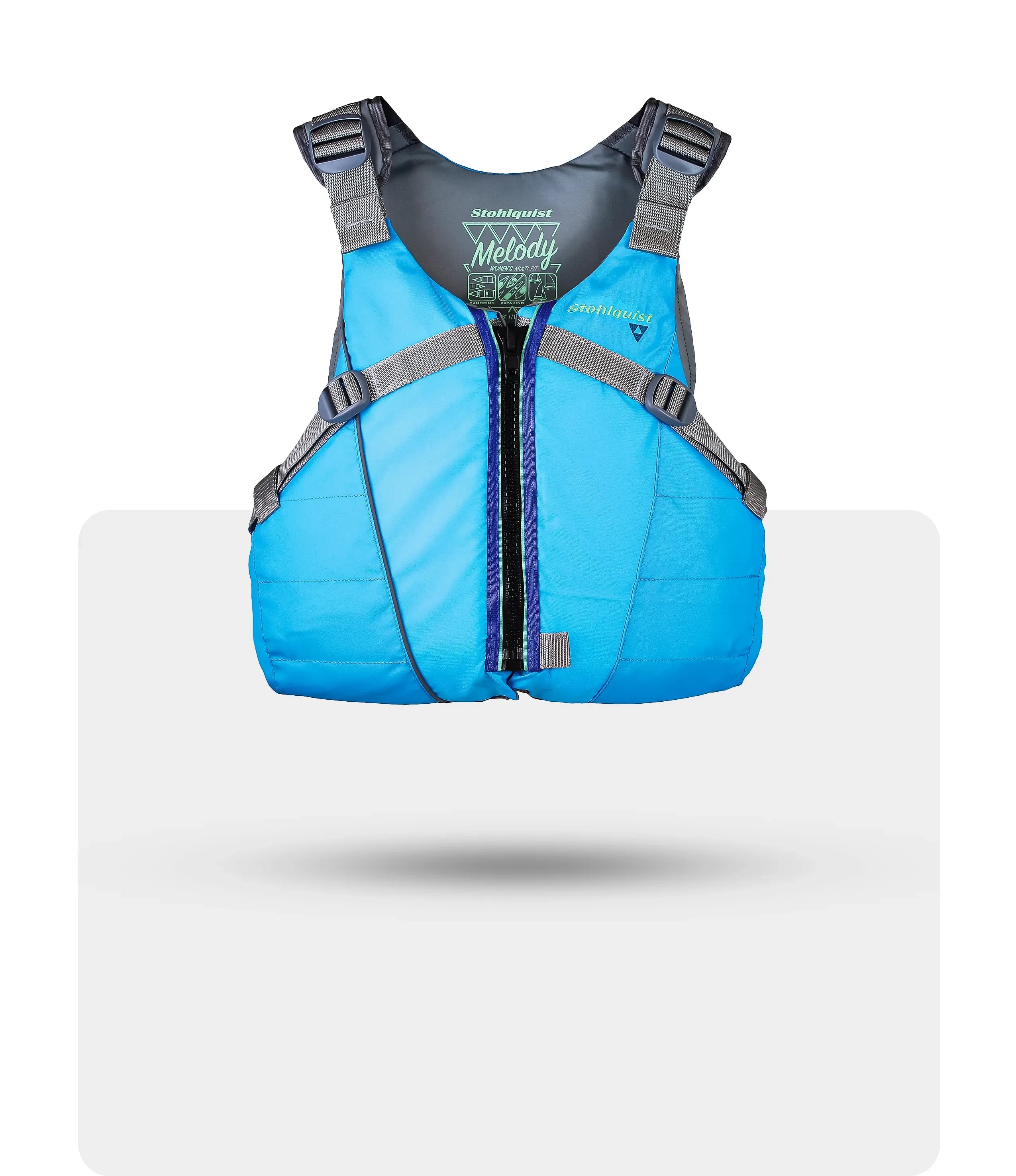 Blue Stohlquist Melody women's multi-sport life jacket with front zipper and adjustable gray straps