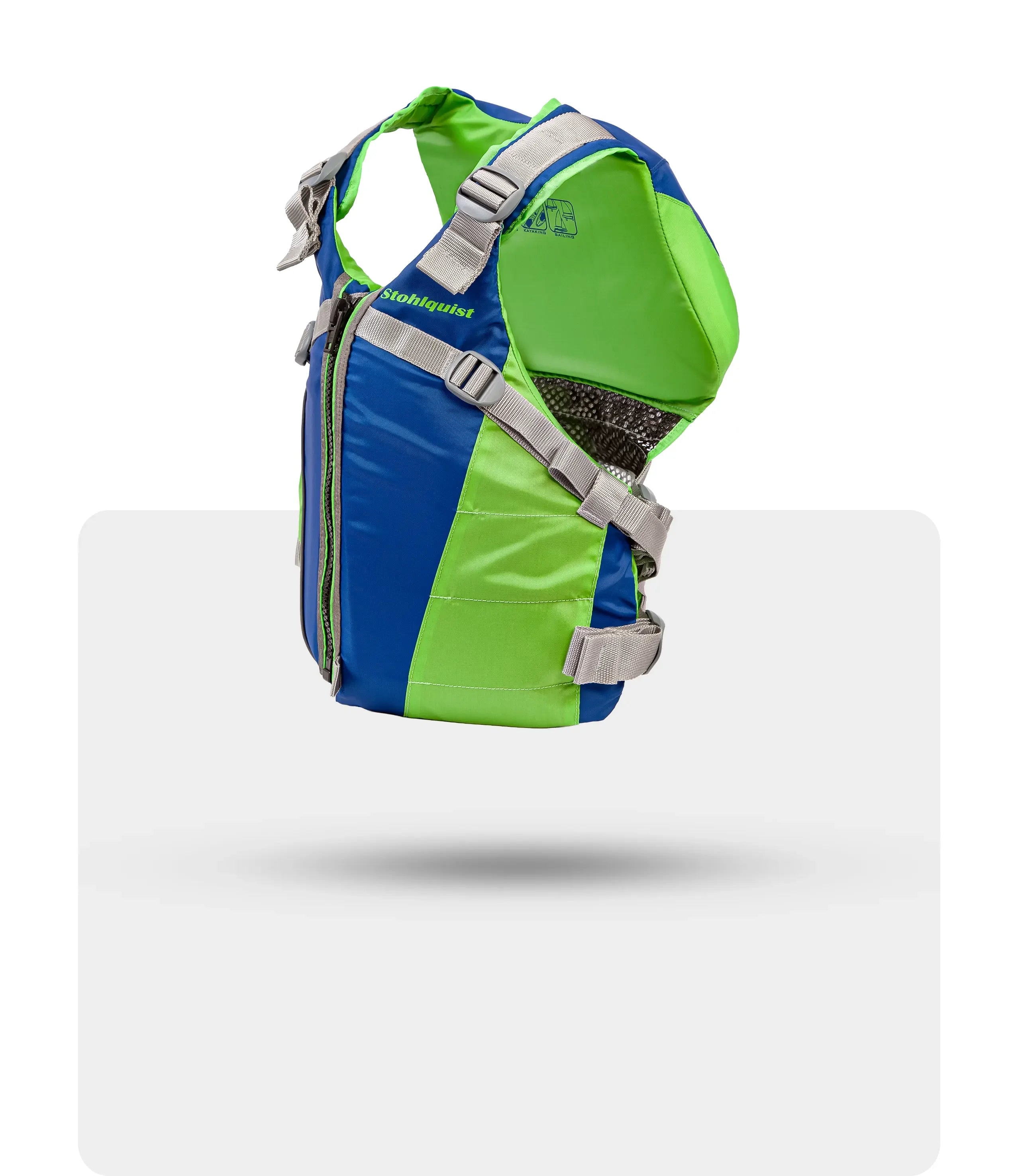 Stohlquist kiwi life jacket in blue and lime green with gray adjustable straps, side view