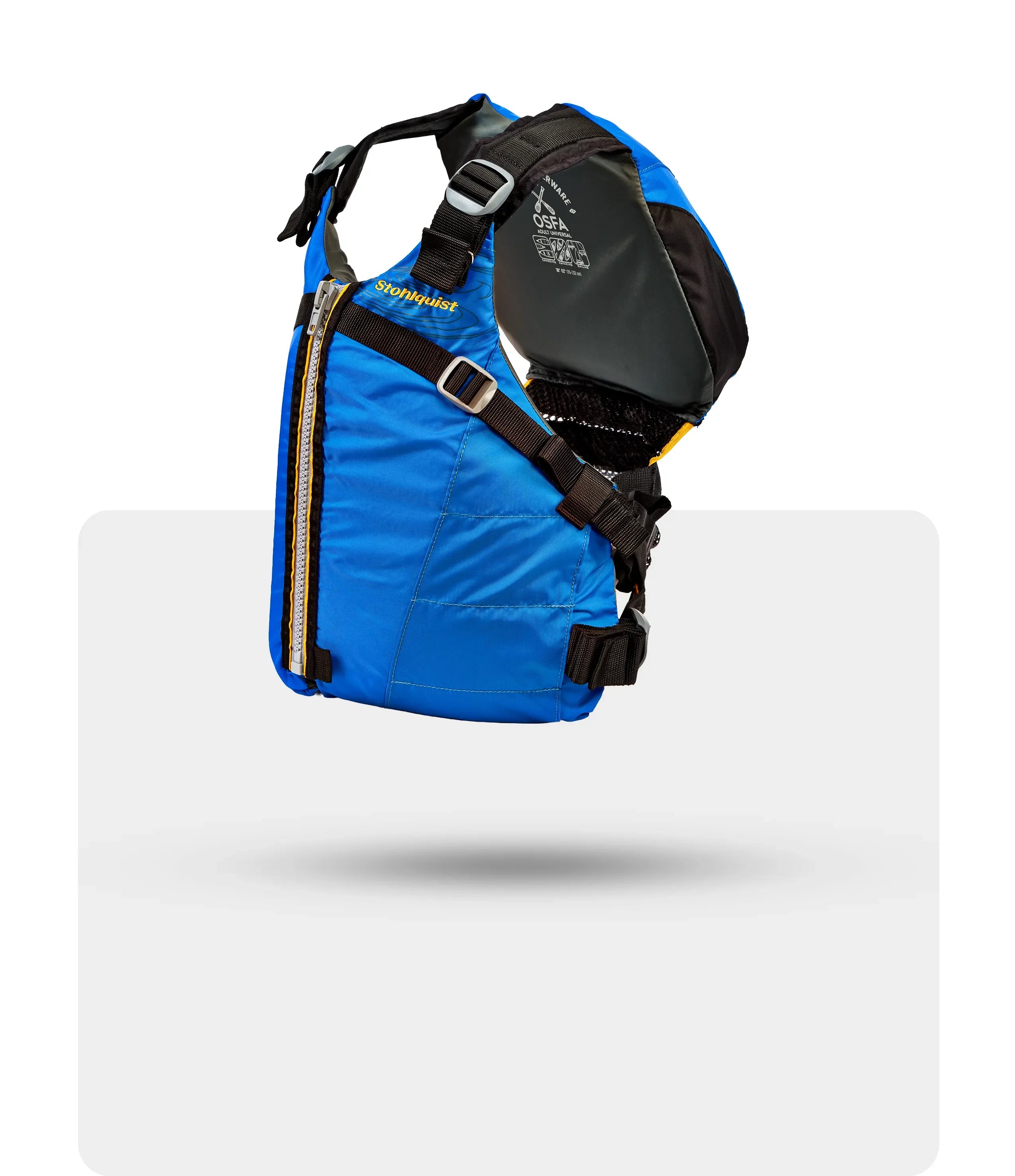 Blue Stohlquist OSFA life jacket with black straps and side zipper, isolated on white