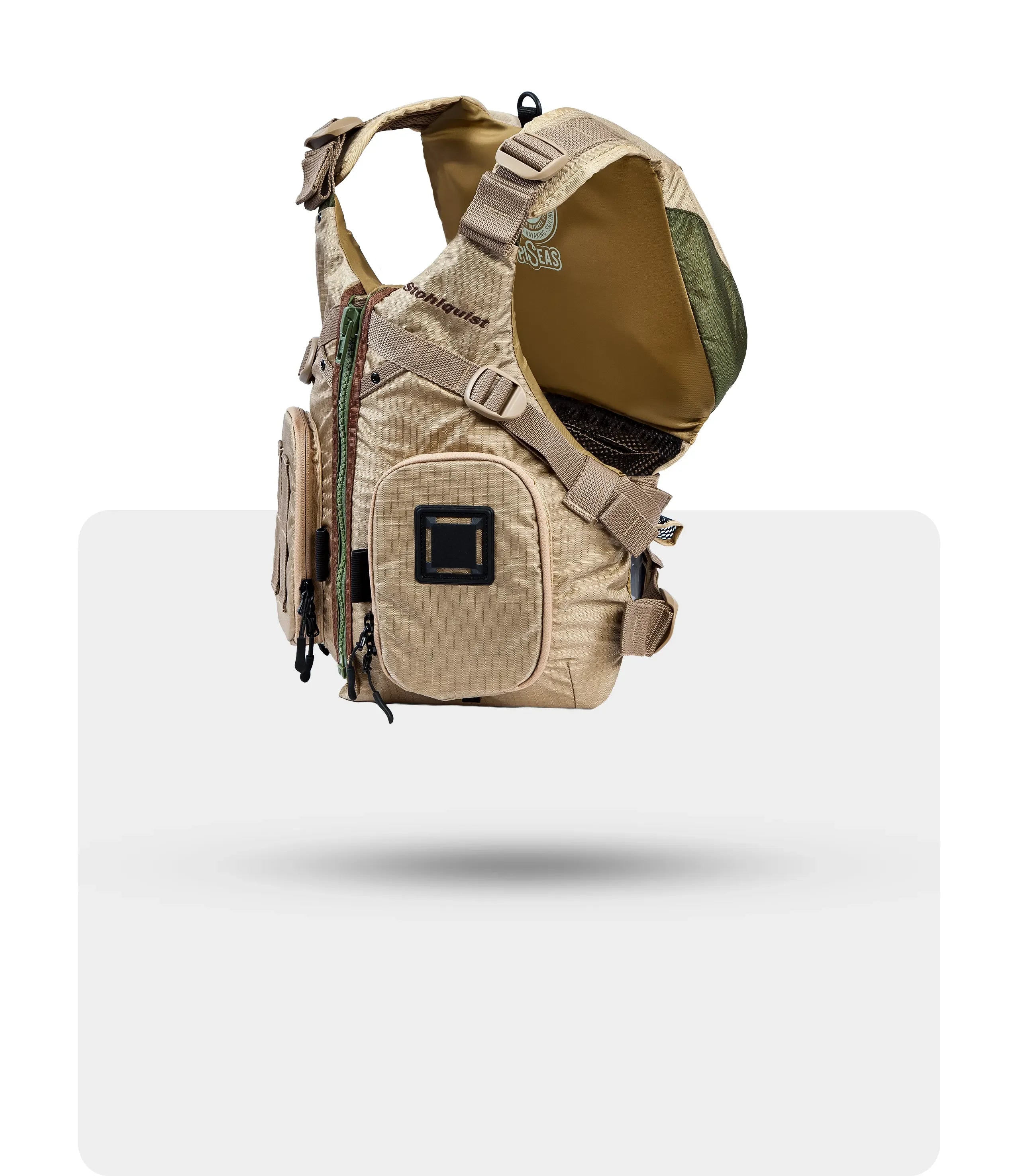 Side view of khaki tactical vest with multiple zippered pockets and adjustable straps, branded Stohlquist