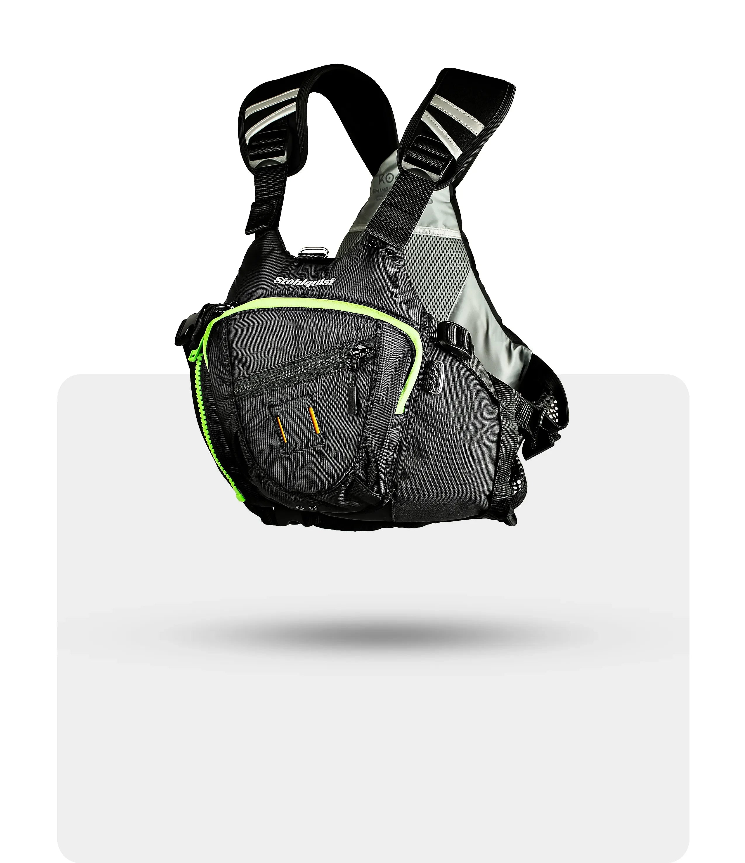 Black Stohlquist life jacket with neon green zipper and padded adjustable shoulder straps isolated on white background