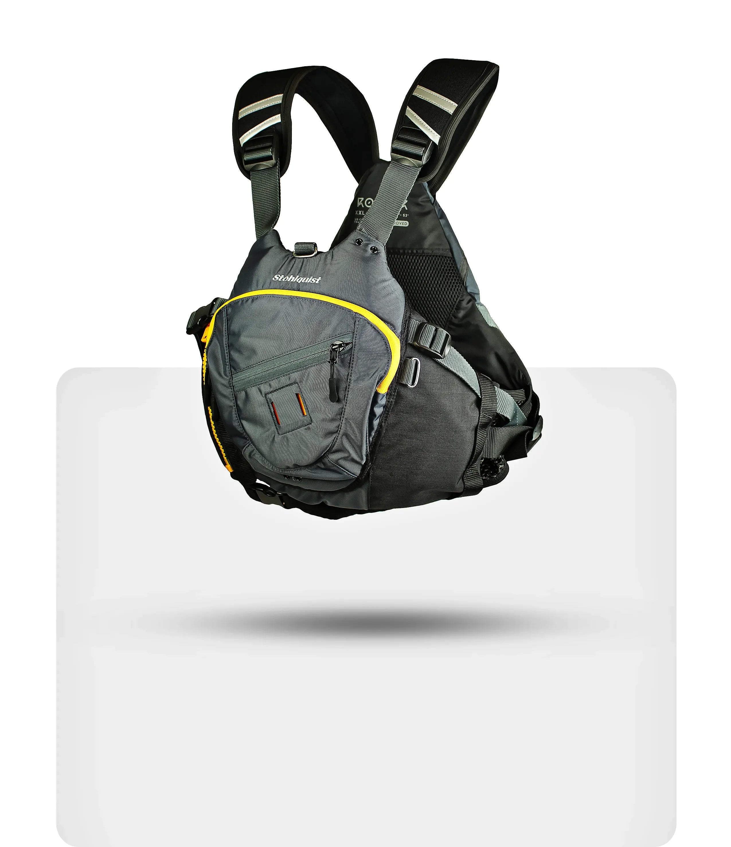 Gray and black Stohlquist life vest with yellow zipper and adjustable shoulder straps