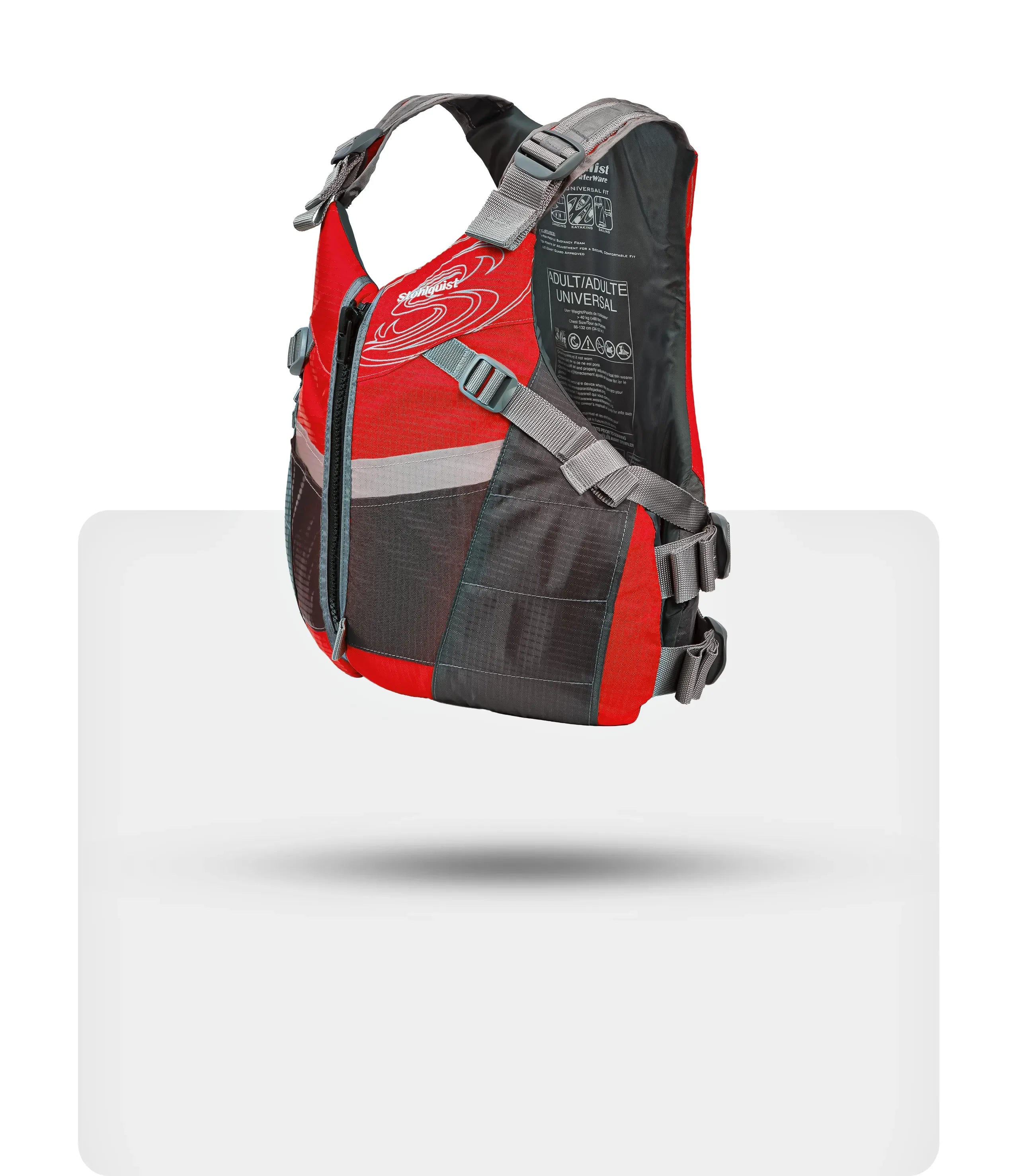 Red and black adult universal fit life jacket with adjustable gray straps and front zipper