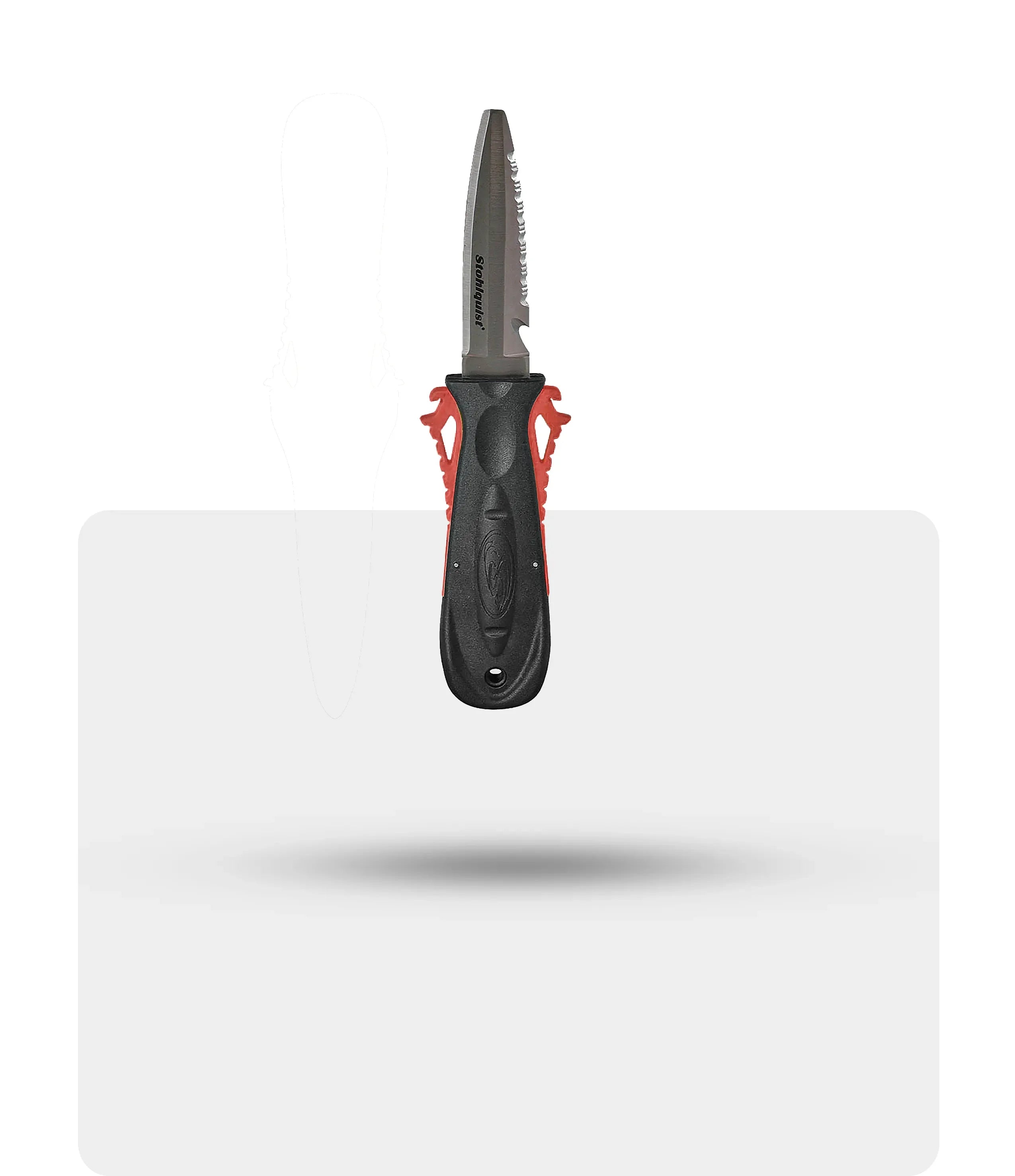 SqueezeLock serrated diving knife with black handle and red accents, stainless steel blade