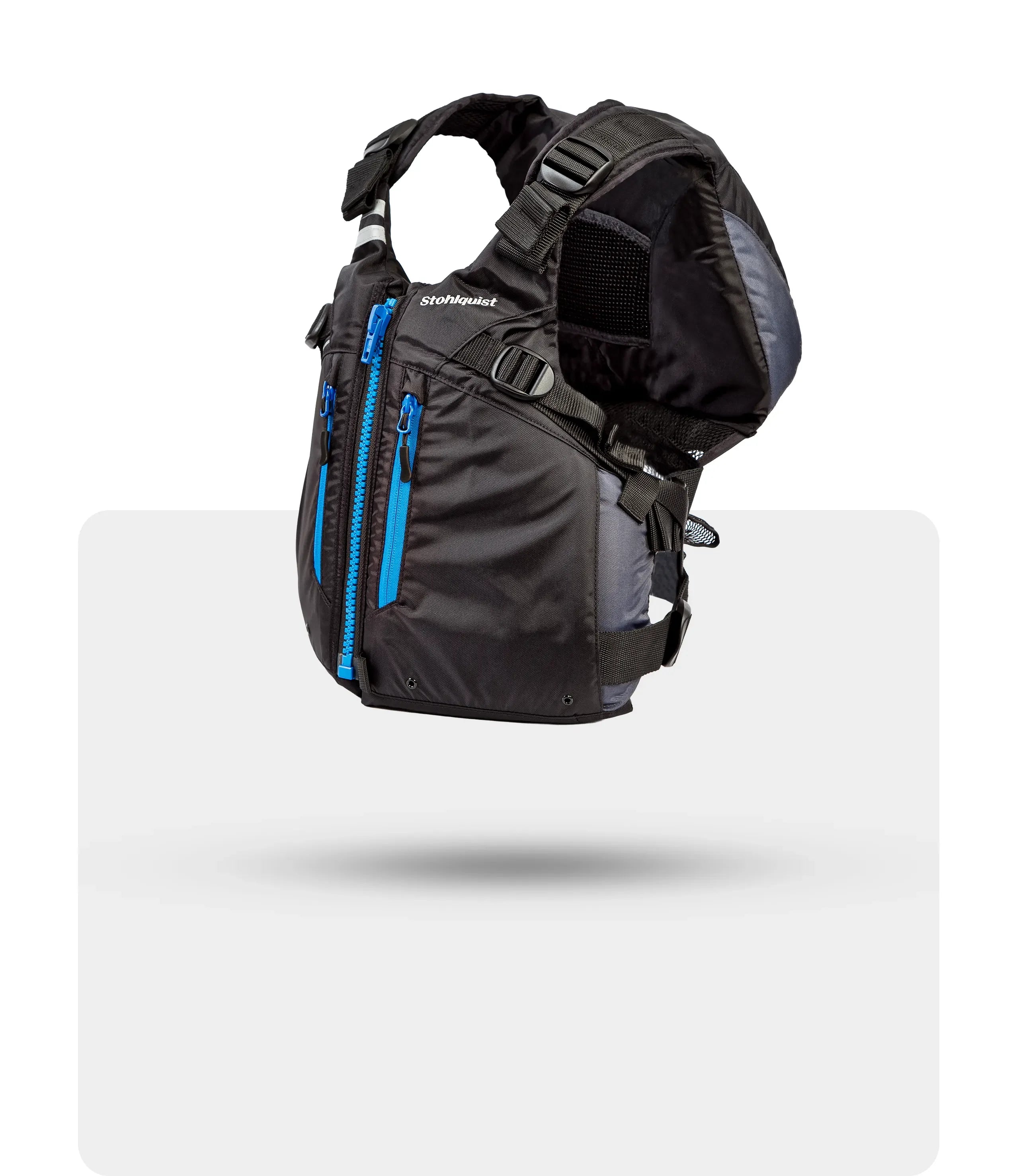 Black Stohlquist Trekker life jacket with blue zippers and adjustable straps, side view