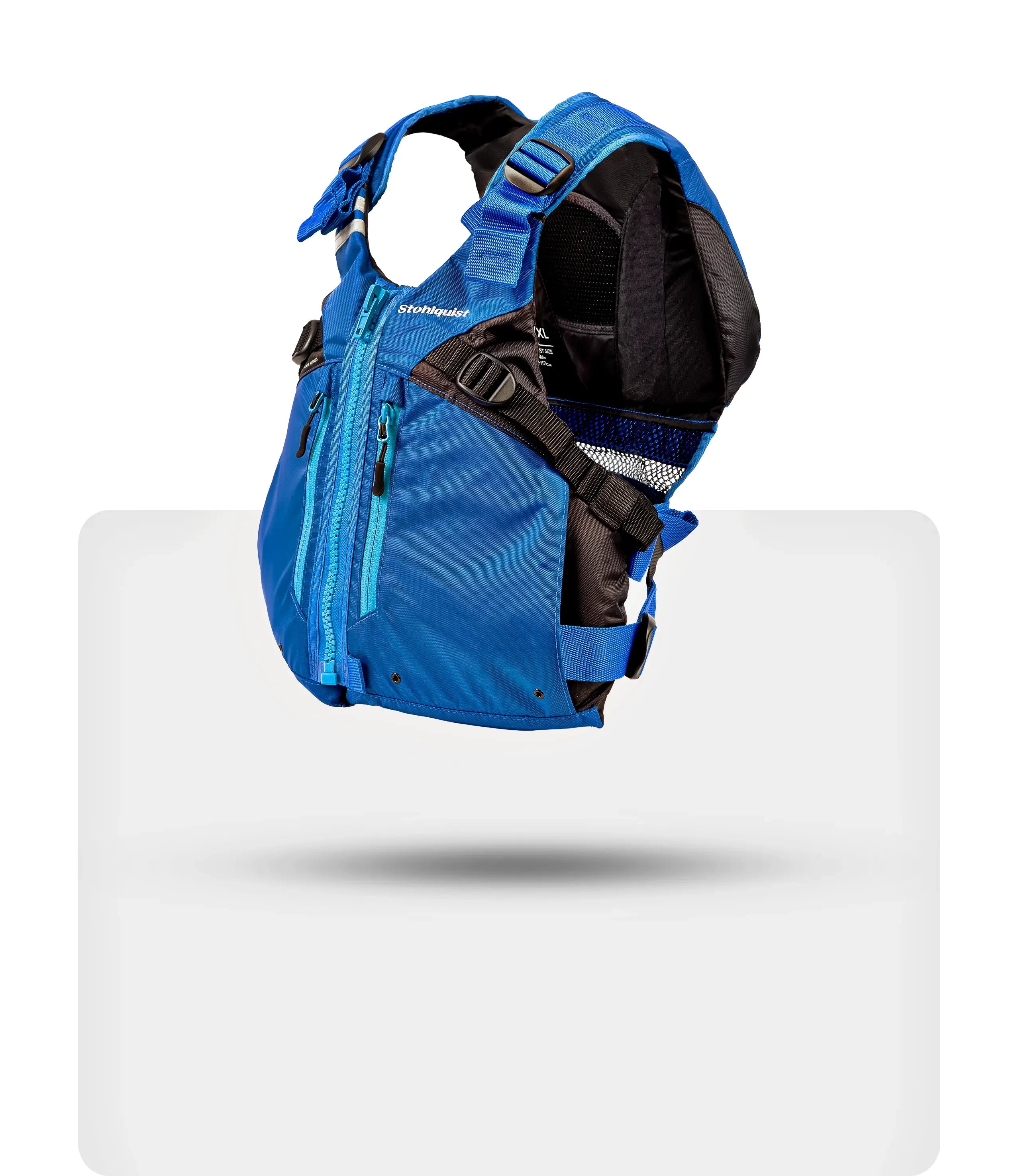 Blue Stohlquist Trekker life jacket with front zipper and adjustable straps on white background