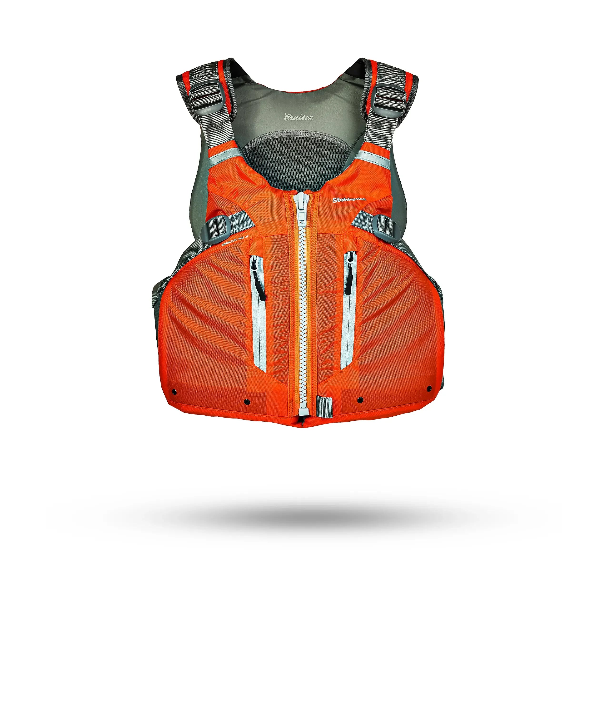 orange and gray Cruiser life jacket with front zipper and adjustable straps