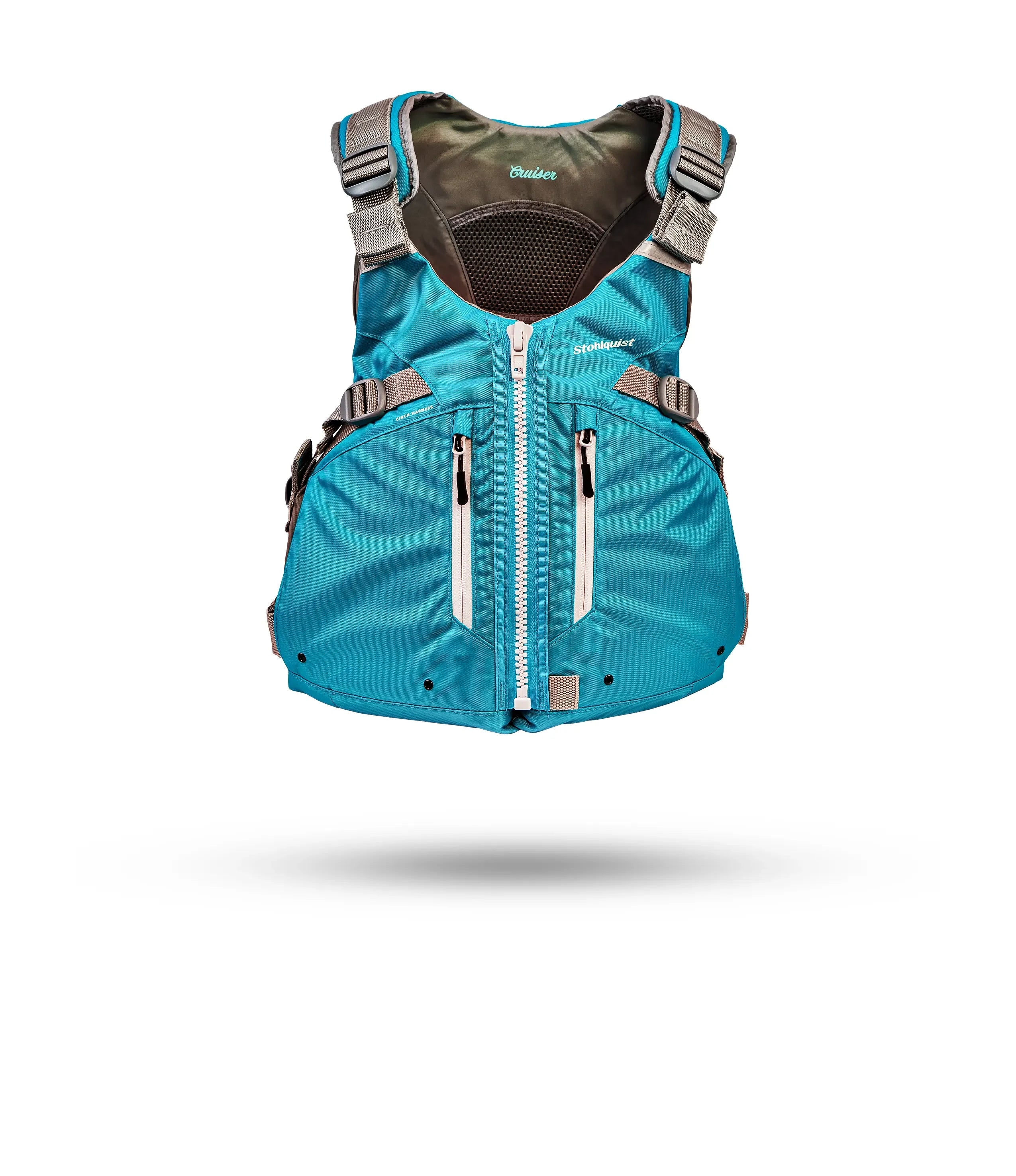 Turquoise and gray Stohlquist Cruiser life jacket with front zipper and adjustable straps