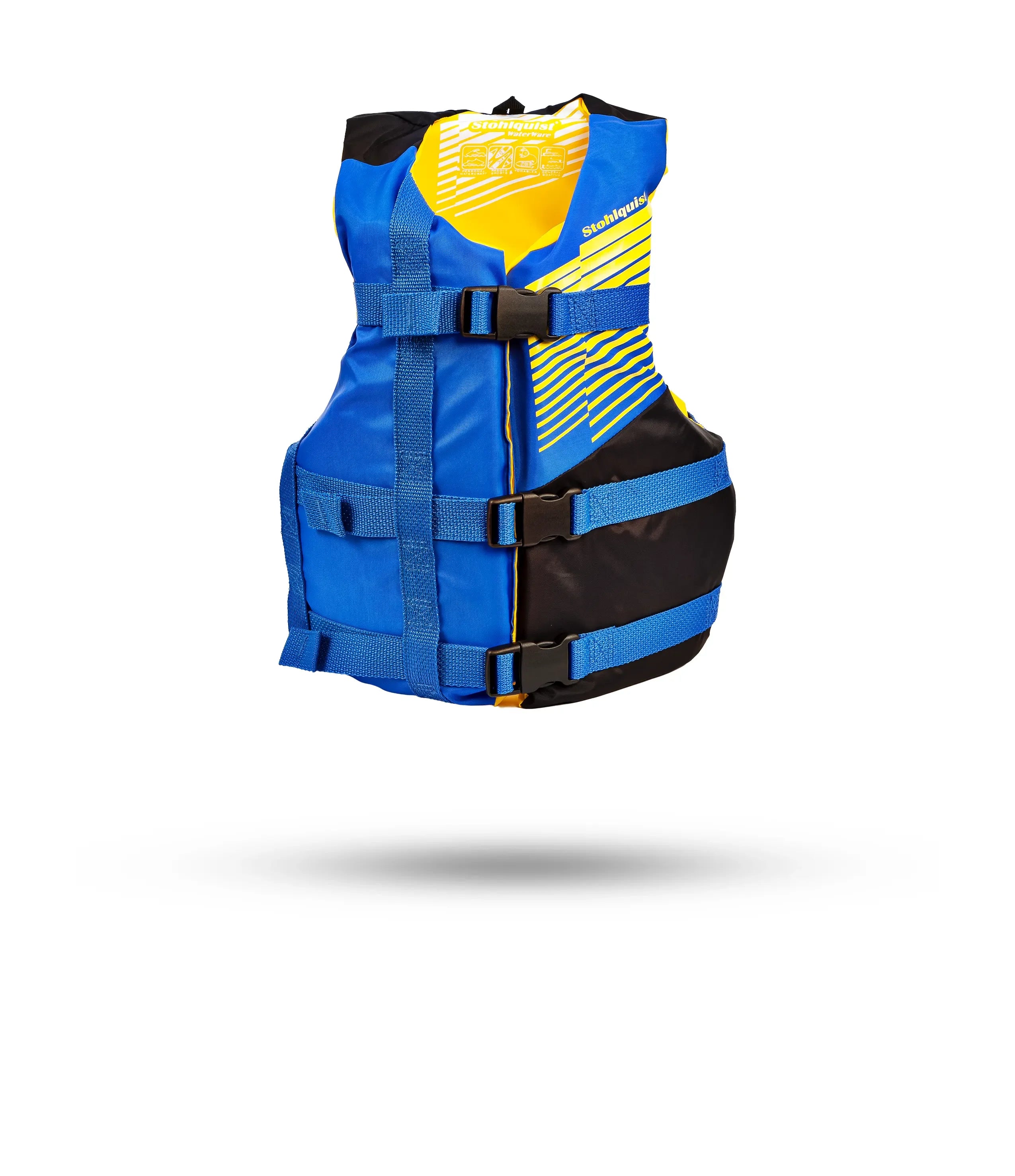 Blue and black youth life jacket with yellow accents and adjustable buckles by Stohlquist