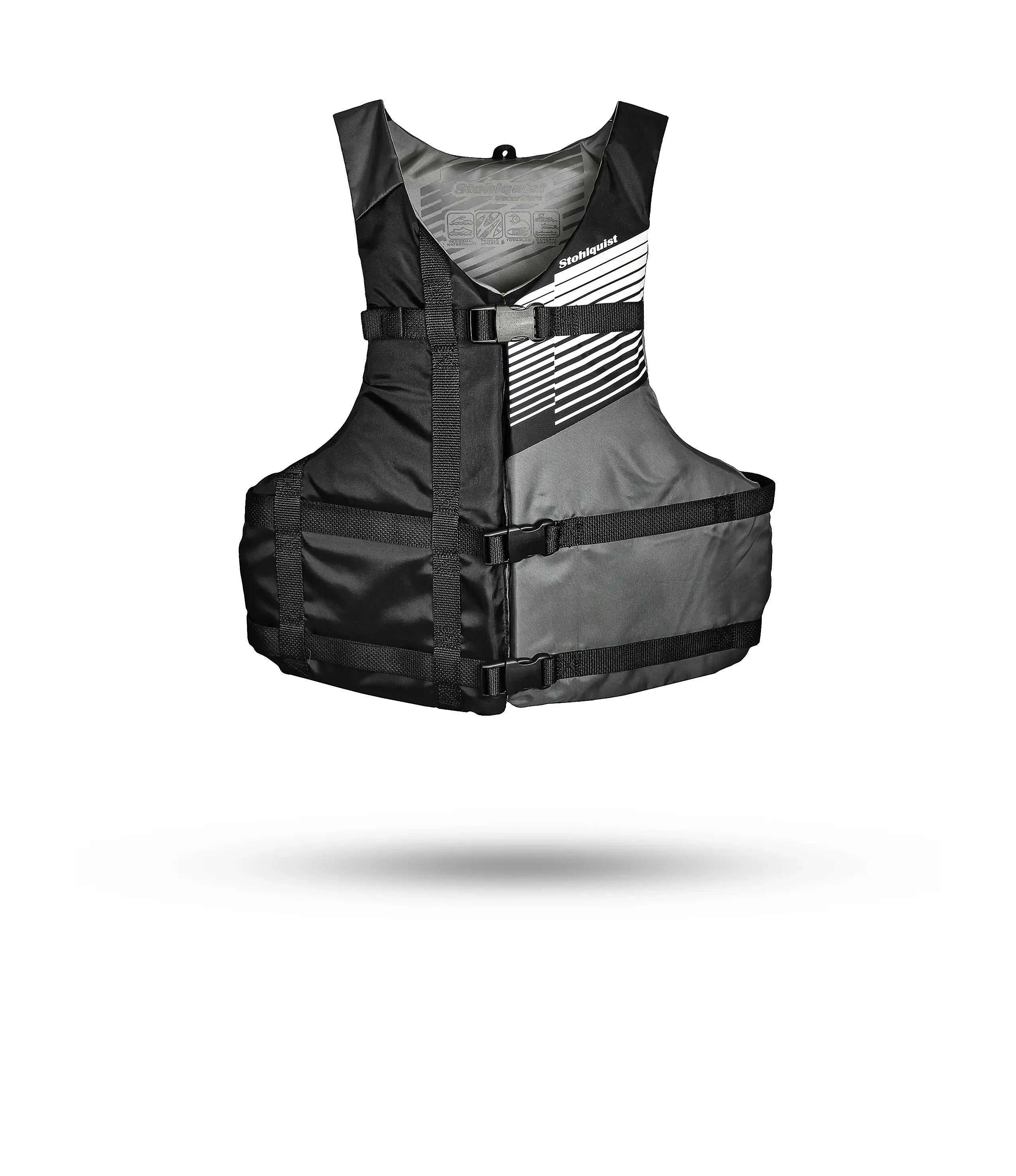 Stohlquist gray and black youth life jacket with adjustable straps and white logo