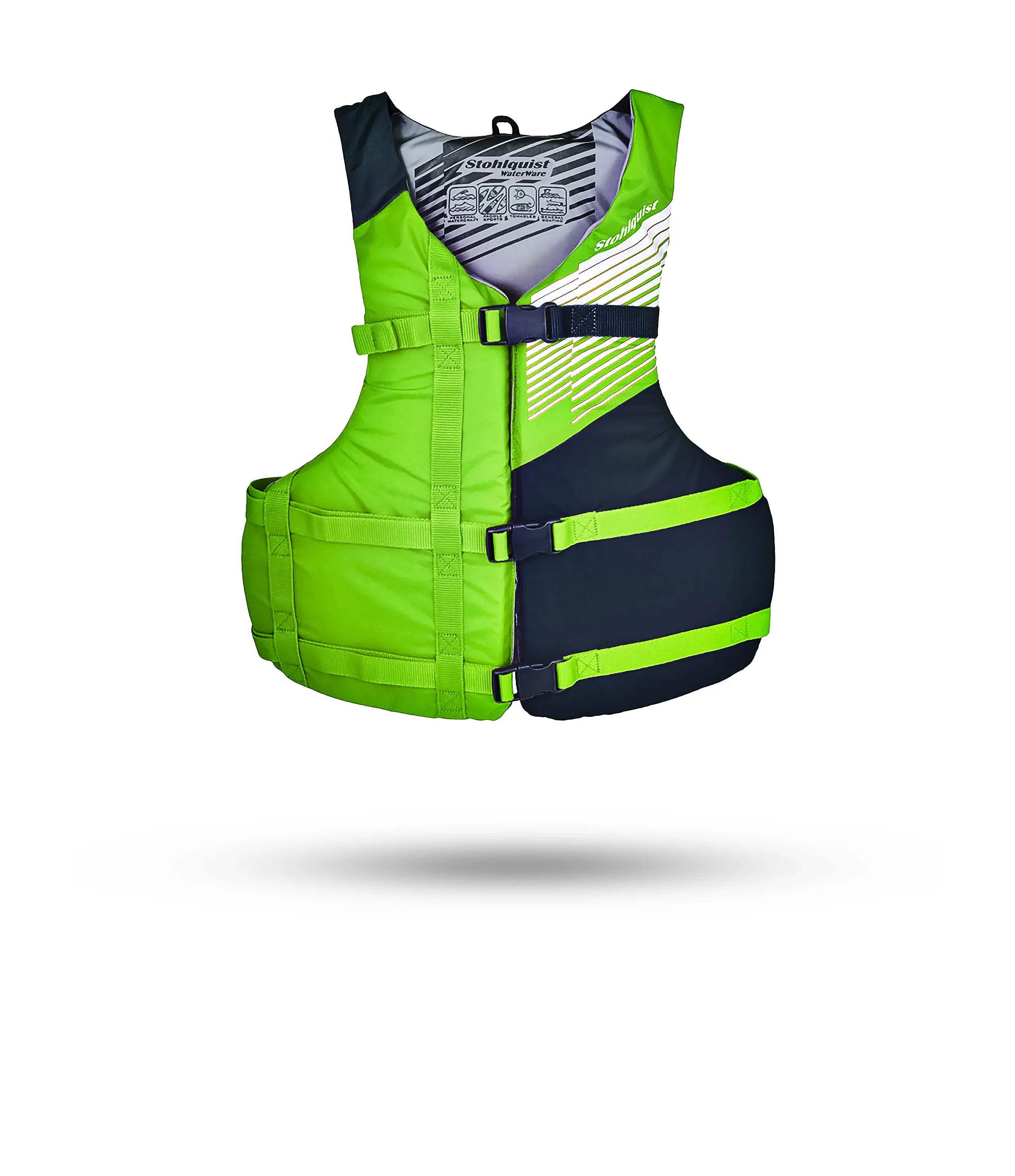 Stohlquist Lime and black youth life jacket with adjustable buckles and safety design