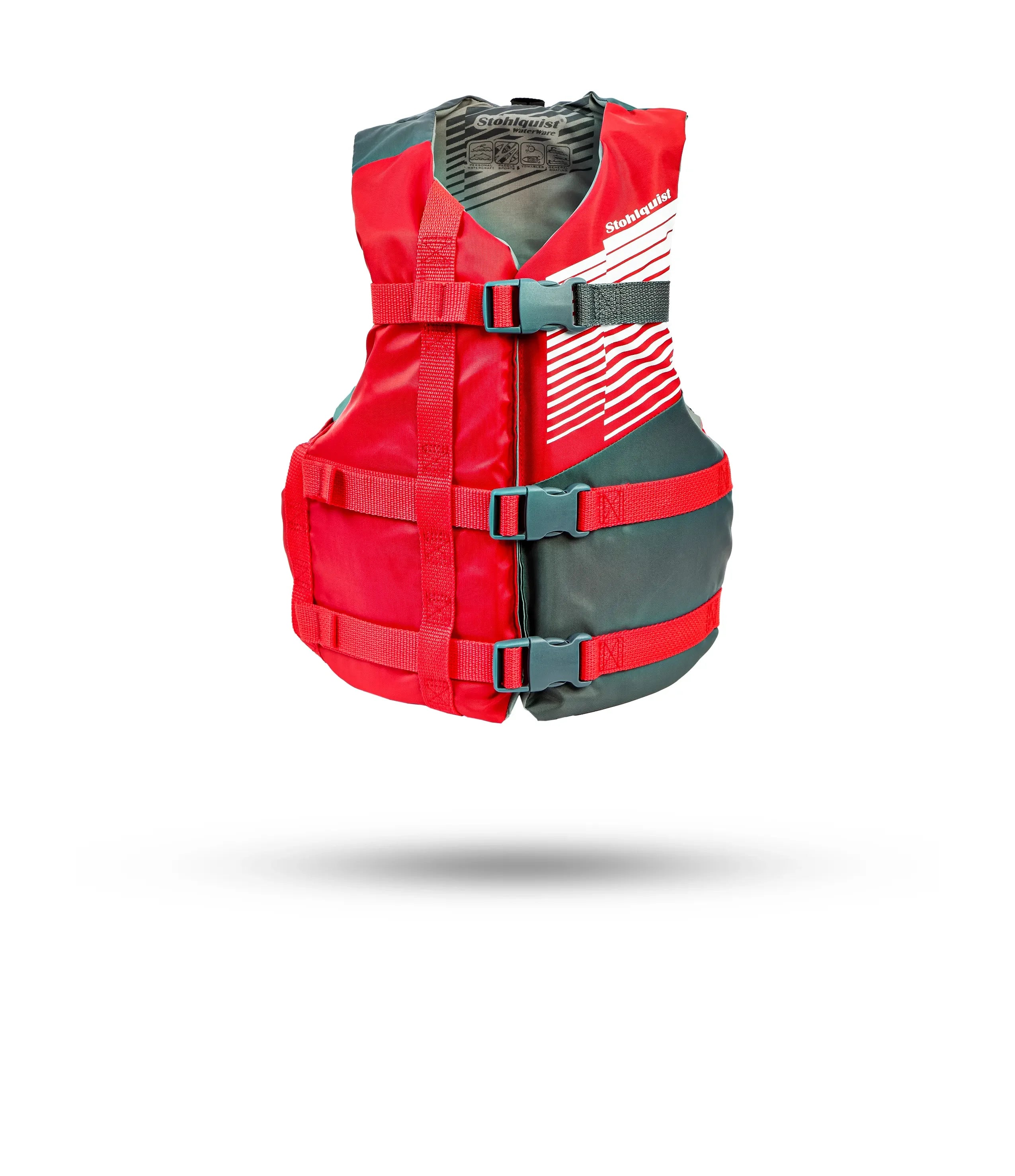 Youth red and gray Stohlquist life jacket with three adjustable straps and buckles