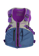 Women's purple and blue kayaking life jacket with front zipper and adjustable straps