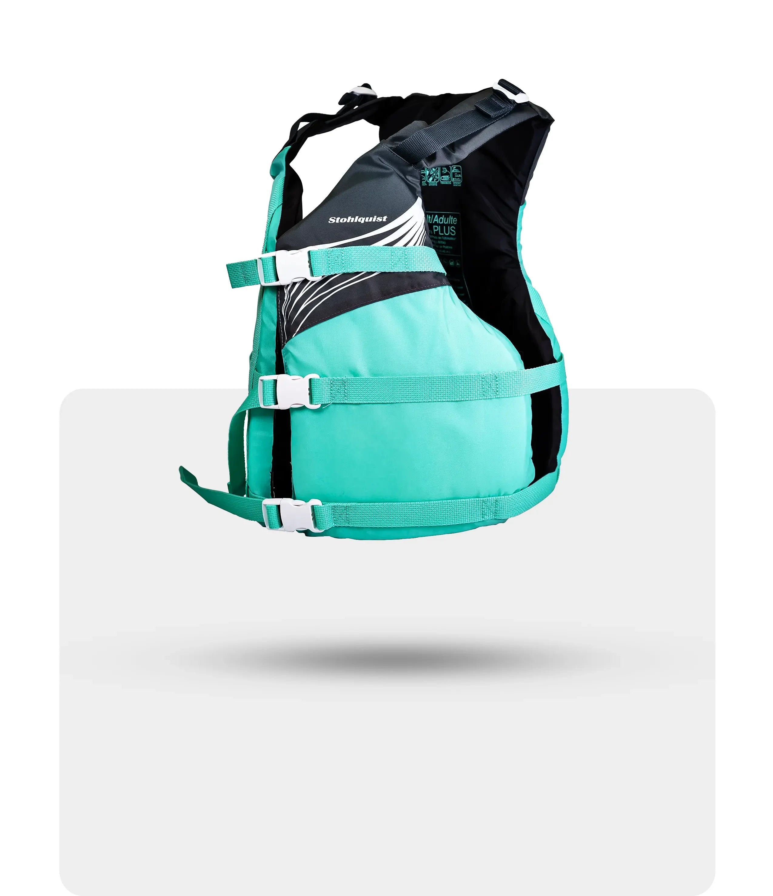 Stohlquist adult plus turquoise and black life jacket with adjustable straps and buckles