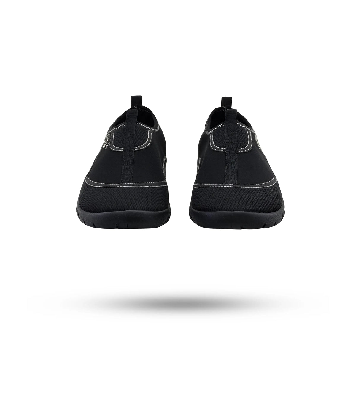 Pair of black Stohlquist Reef water shoes viewed from the back.