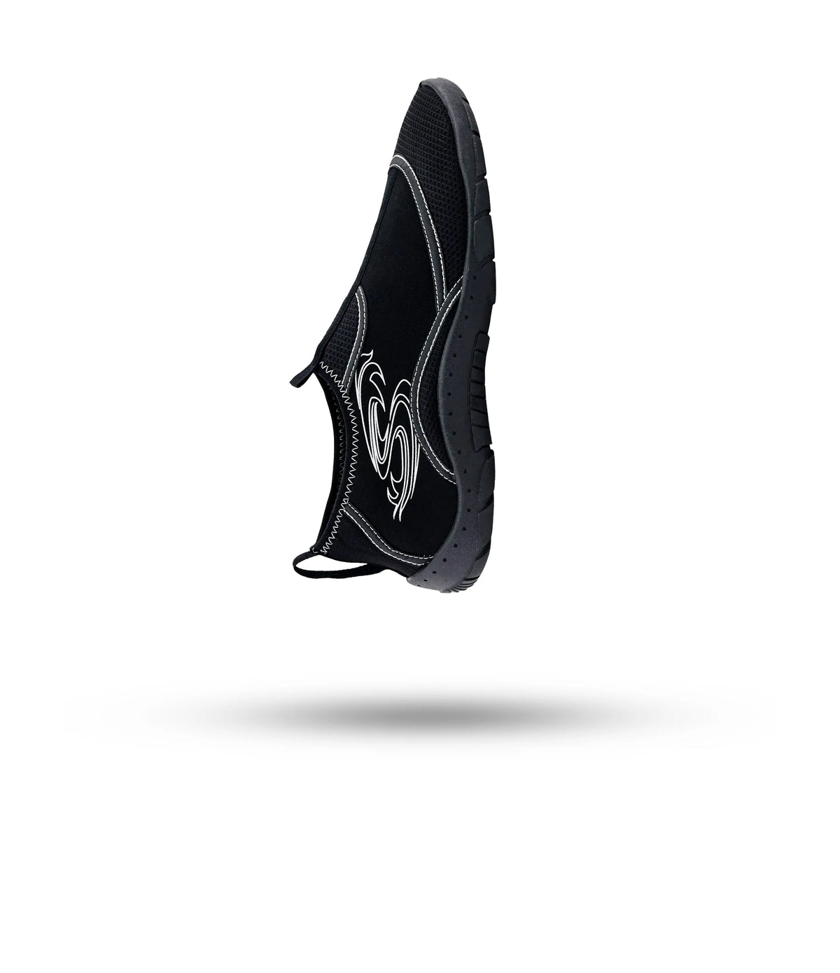 Side view of a black Stohlquist Reef Water Shoe with white decorative stitching