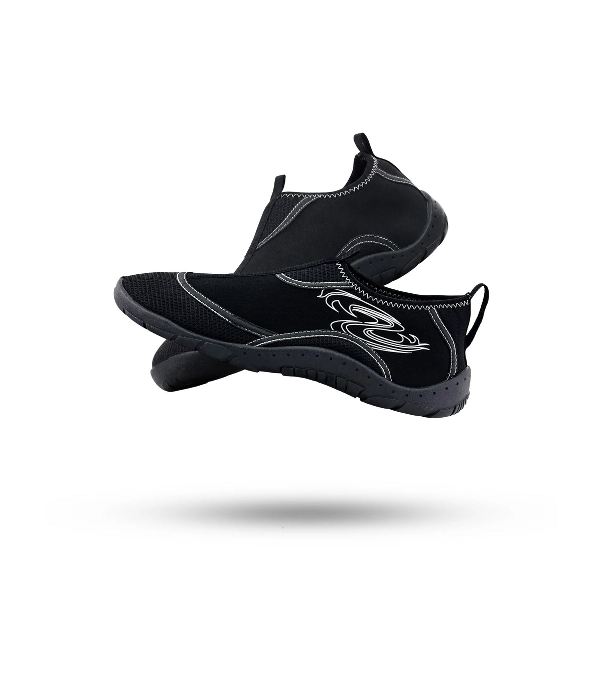 Pair of black Stohlquist Reef Water Shoes with white contrast stitching on a white background.