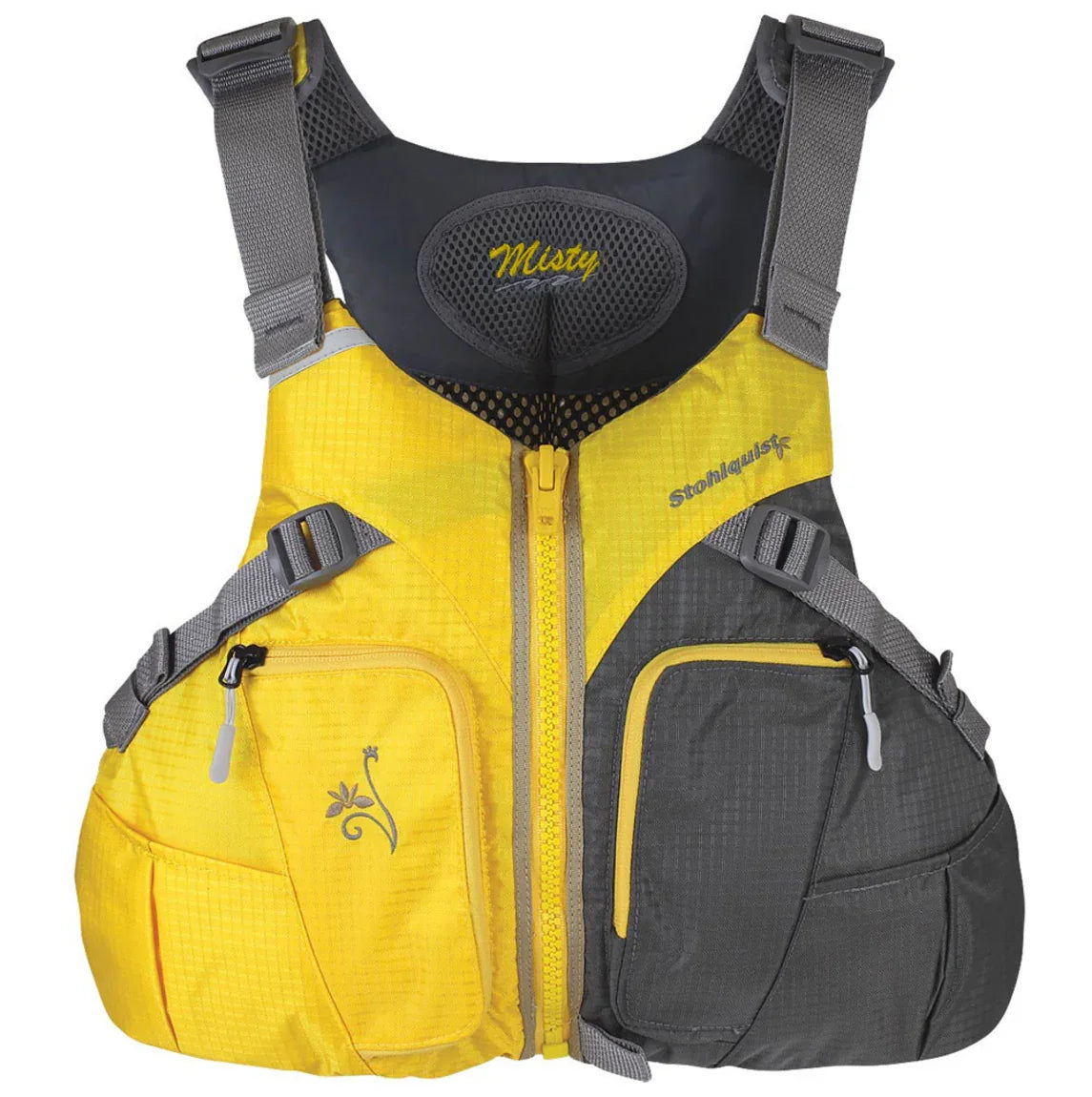 Yellow and gray Stohlquist Misty women's life jacket with front zipper and multiple pockets
